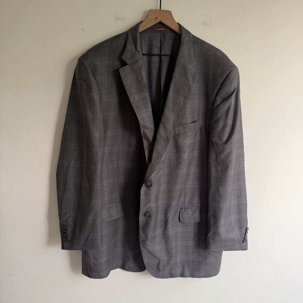 Peter Millar 100% Wool Blazer Sport Coat Size 48T Long Gray Windowpane Business